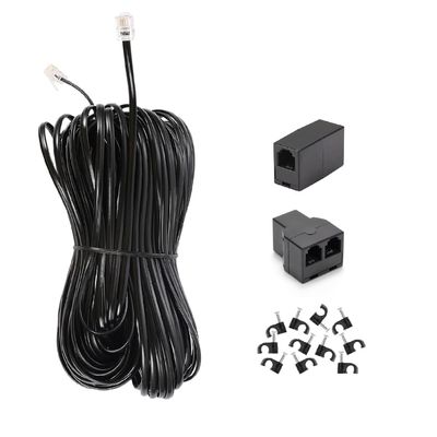 Long Telephone Extension Cord 100 FT, Black, Phone Cable Wire with Standard RJ11 Plug, 1 Phone Line Splitter, 1 in-line Coupler and 65 Cable Clips for Telephone Calling Communication