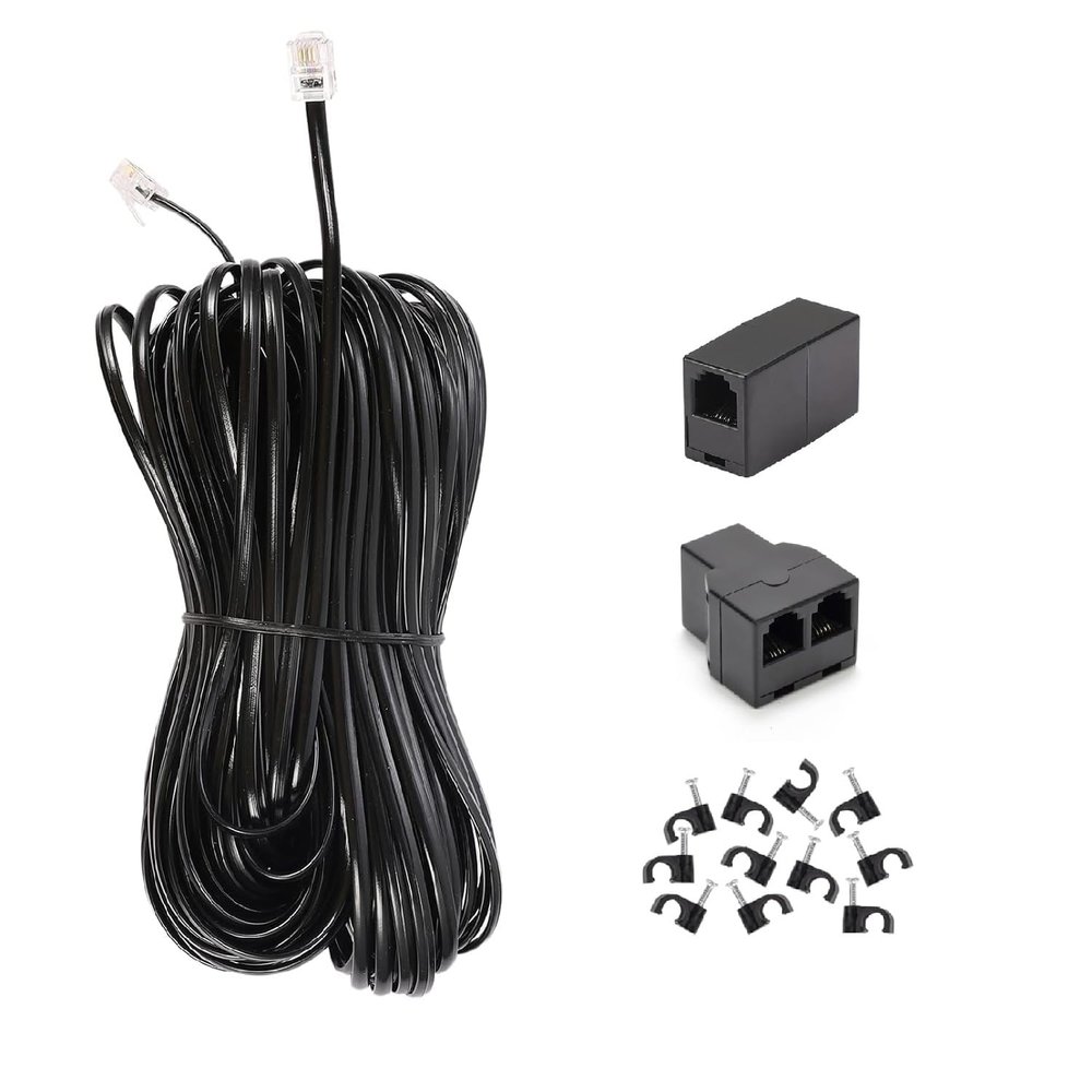 Long Telephone Extension Cord 100 FT, Black, Phone Cable Wire with Standard RJ11 Plug, 1 Phone Line Splitter, 1 in-line Coupler and 65 Cable Clips for Telephone Calling Communication