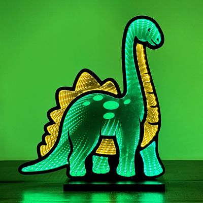 Elumina Decor - Dinosaur Infinity Mirror Night Light - LED Dinosaur Nightlight for Kids - USB-Powered with Dimmer Switch - 3D LED Infinity Light - Bedroom Decor for Boys, Girls & Teens - 12" x 13"
