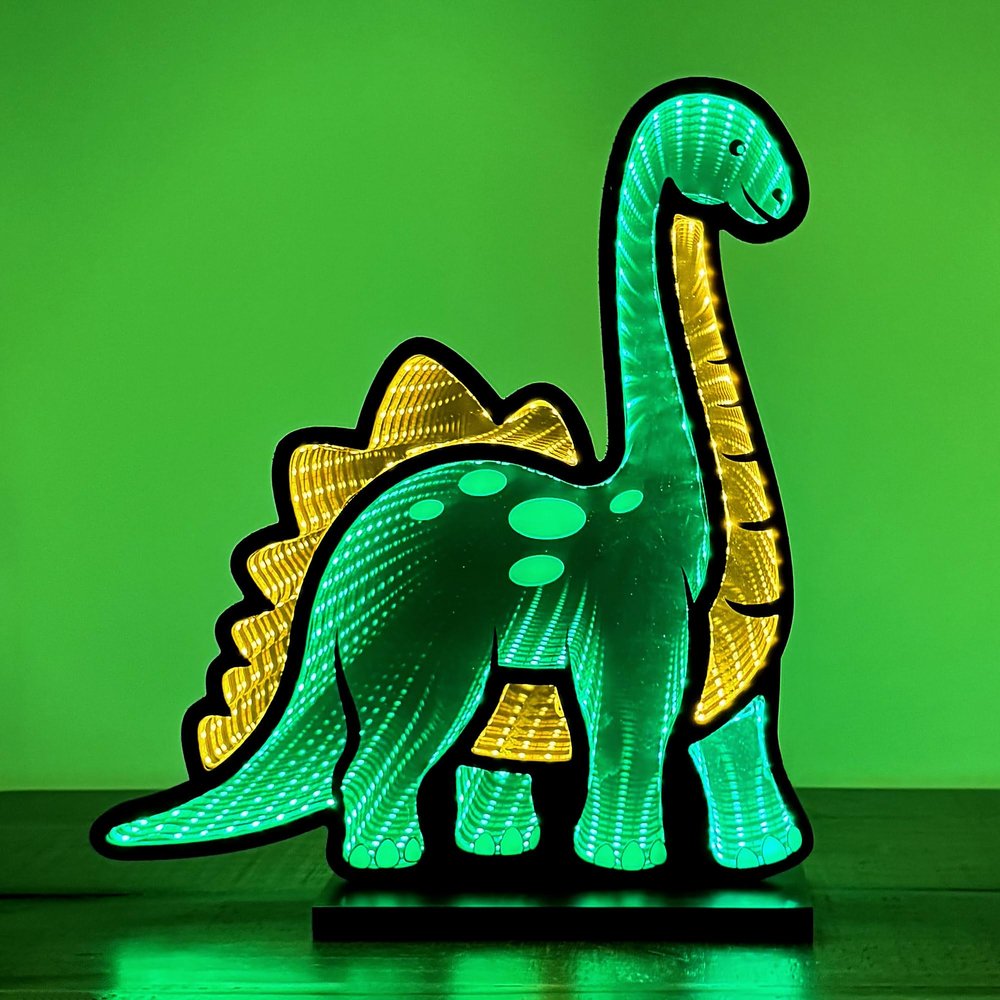 Elumina Decor - Dinosaur Infinity Mirror Night Light - LED Dinosaur Nightlight for Kids - USB-Powered with Dimmer Switch - 3D LED Infinity Light - Bedroom Decor for Boys, Girls & Teens - 12" x 13"