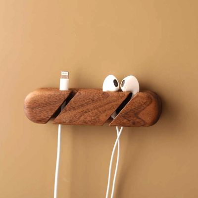 Black Walnut Wood Cable Organizer, Premium Desk Cord Management, Adhesive Wooden Cable Clips for Desk, Home, Office, Car  Holder for Phone Charger, Earbuds, USB Cords (Walnut Wood, M)