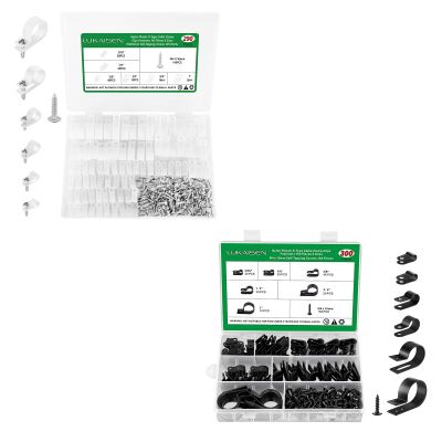 290PCS White Cable Clips for Cable Management Cord Organizer, Nylon R-Type, 3/16'' 1/4'' 3/8'' 1/2'' 3/4'' 1''with M4 Screws and 300 PCS Black Cable Clips for Cable Management Cord Organizer