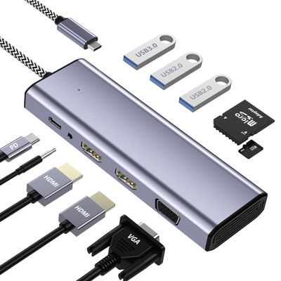 USB C Docking Station Dual HDMI Monitor, Type C to Dual Monitor Adapter, USB Hub 10 in 1 Docking Station 3 Monitors with HDMI/VGA/PD/USB/SD/TF/3.5mm Audio, for Dell XPS/HP/Lenovo/Surface/Yoga Etc