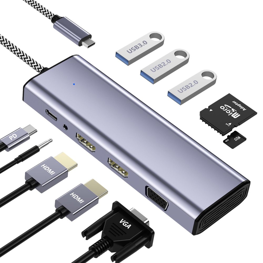 USB C Docking Station Dual HDMI Monitor, Type C to Dual Monitor Adapter, USB Hub 10 in 1 Docking Station 3 Monitors with HDMI/VGA/PD/USB/SD/TF/3.5mm Audio, for Dell XPS/HP/Lenovo/Surface/Yoga Etc