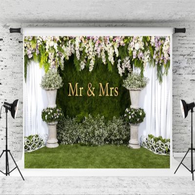 10 * 8ft Mr & Mrs Backdrop for Wedding Arch Flower White Curtain Floral Grass Wall Bridal Shower Photography Background Bride and Groom Ceremony Banner Studio Props