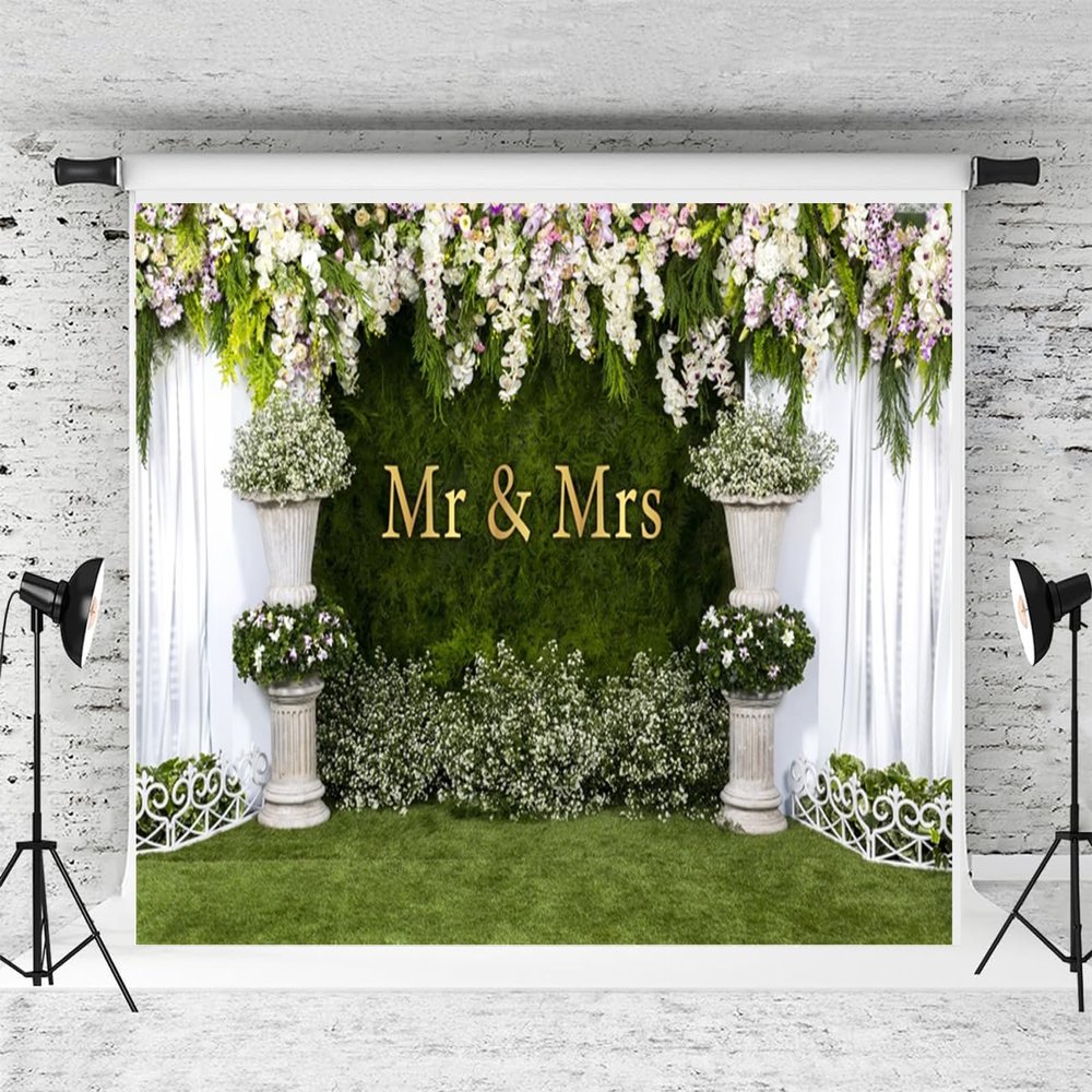 10 * 8ft Mr & Mrs Backdrop for Wedding Arch Flower White Curtain Floral Grass Wall Bridal Shower Photography Background Bride and Groom Ceremony Banner Studio Props