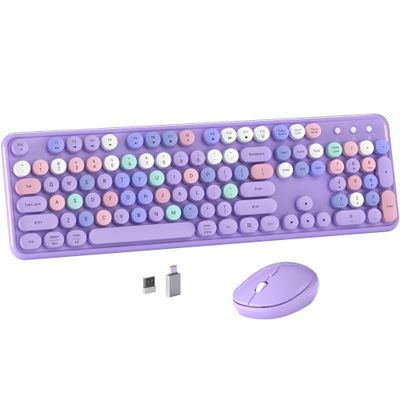 MPTOG Colorful Wireless Computer Keyboard and Mouse Combo with Round Typewriter Keycaps, Retro Design, Power Switch, Ergonomic Design, 2.4GHz Wireless for Windows, Mac, PC(Purple-Colorful)