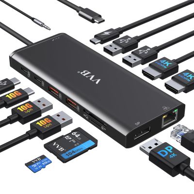 USB C Docking Station Dual Monitor for Dell/Lenovo/HP Laptop Docking Station HDMI USB C Hub Multiport Adapter Dongle Dock USB C to 2 HDMI +DisplayPort+Ethernet+4USB+2USB C+100W PD Charger+SD/TF+Audio