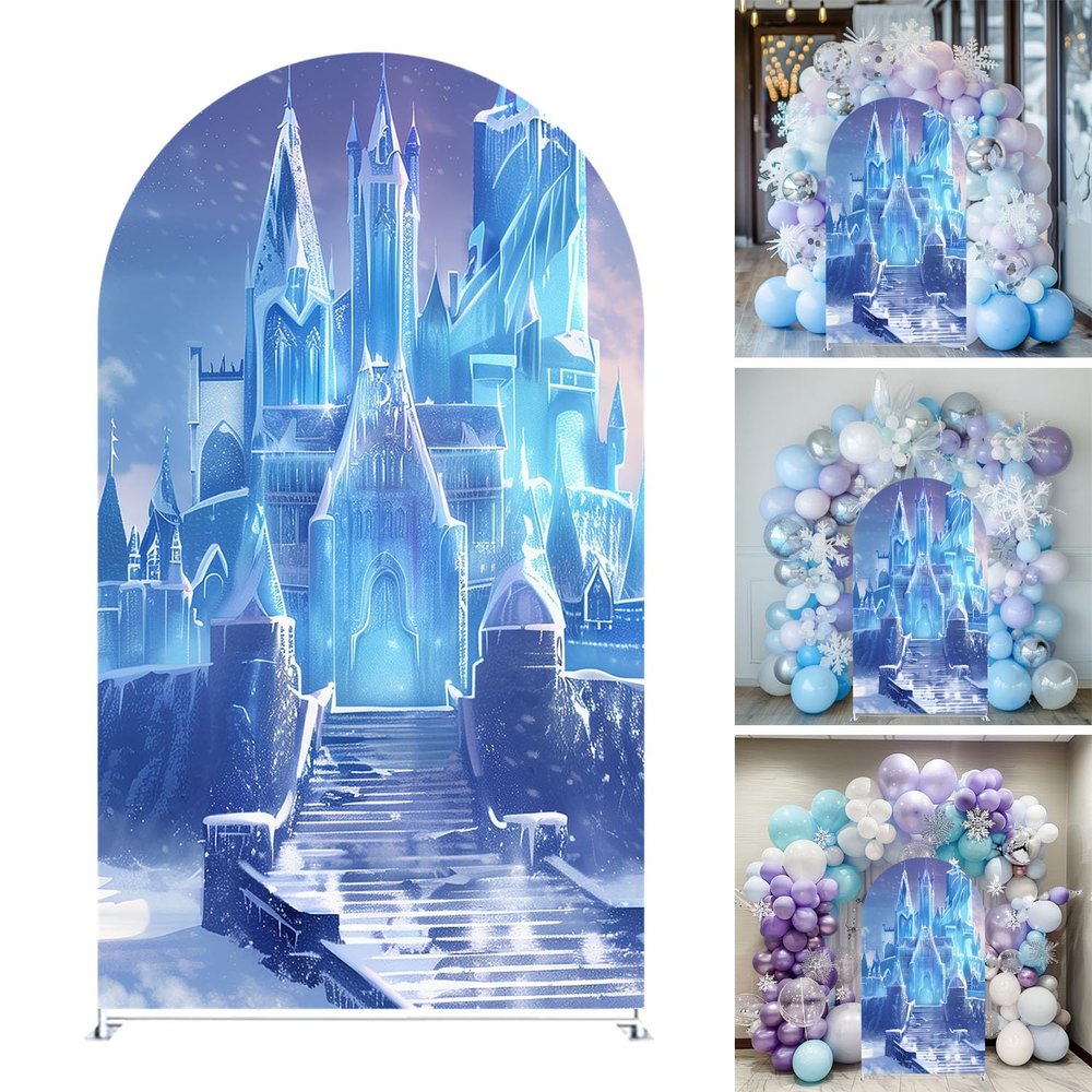 Ice Castle Arched Backdrop Cover Double-Sided Winter Wonderland and Fantasy Castle Design for Winter Party Celebration Princess Birthday Decor Elastic Spandex Cover (G-3518,7.2x4ft)