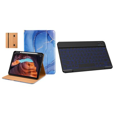 DTTO for iPad 10th Generation Case 10.9 Inch 2022, Premium Leather Business Folio Stand case Sea Marble Bundle with Rechargeable Bluetooth Keyboard Black