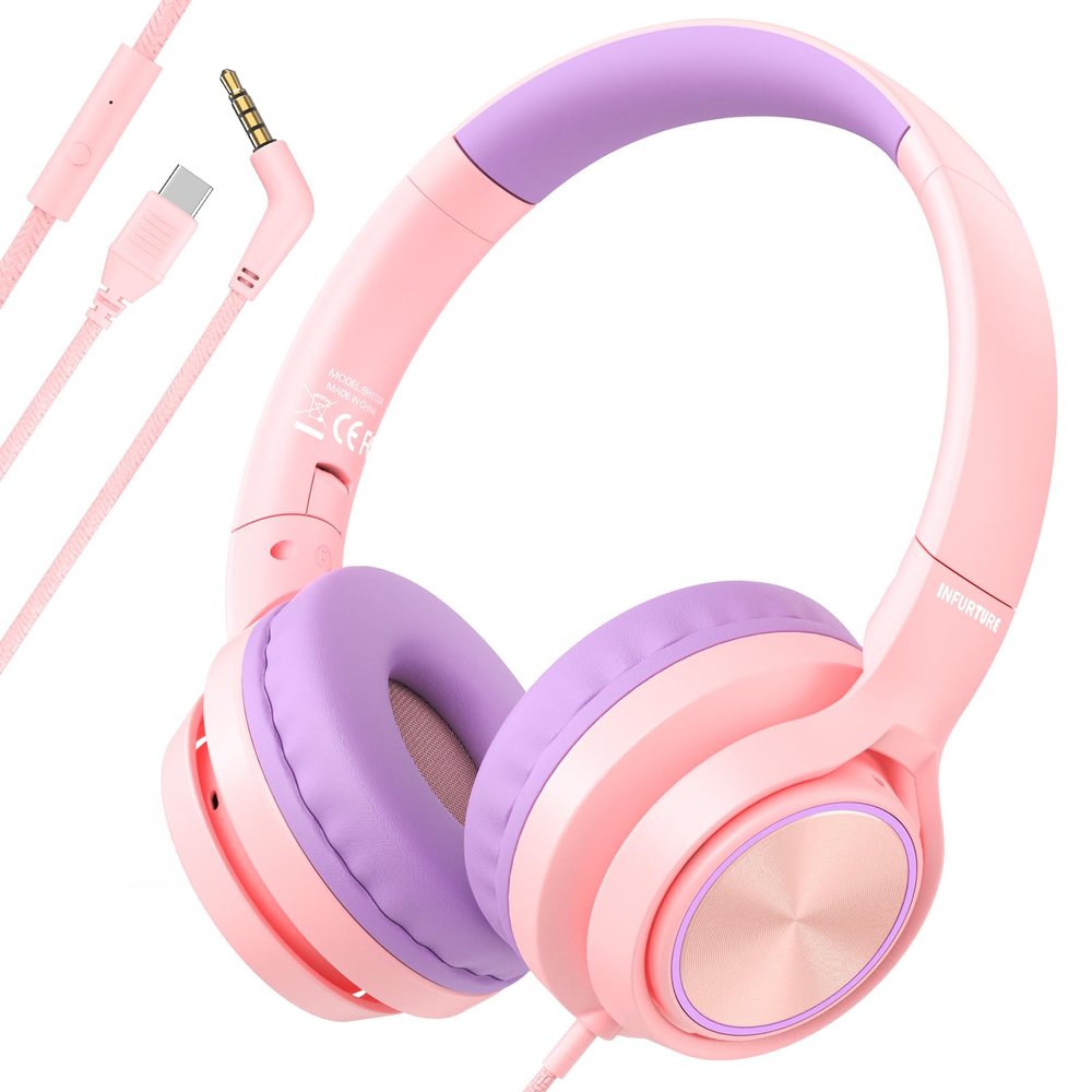 Kids Headphones with 3.5mm & USB C Wired Headphones, USB C Headphones Kids for School, Lightweight On-Ear Headphones Built-in Mic & Safe Volume Limited for classroom/Girls/Boys/Travel/Tablets(Pink)