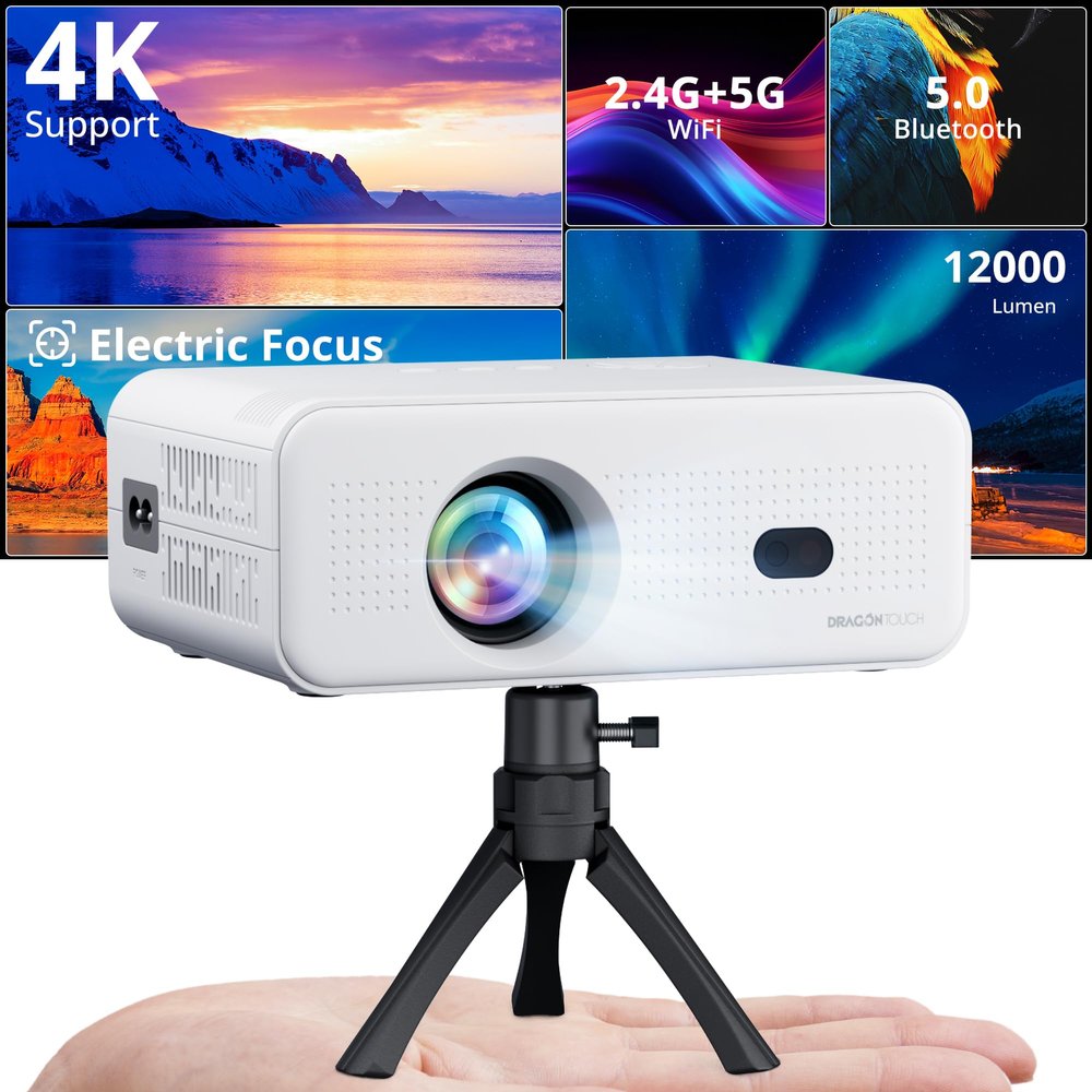 Dragon Touch Mini Projector with WiFi and Bluetooth, 1080P Portable Movie Projector with Stand for Home/Outdoor, 12000L Electric Focus Projector Compatible with Phone/Laptop/TV Stick