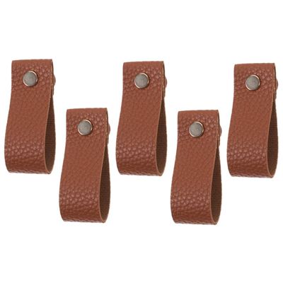 WOONEKY 5pcs Pu Leather Cabinet Handles Flexible Drawer Pulls for Dresser Knobs Brown Litchi Grain for Kitchen Bathroom and Living Room Furniture