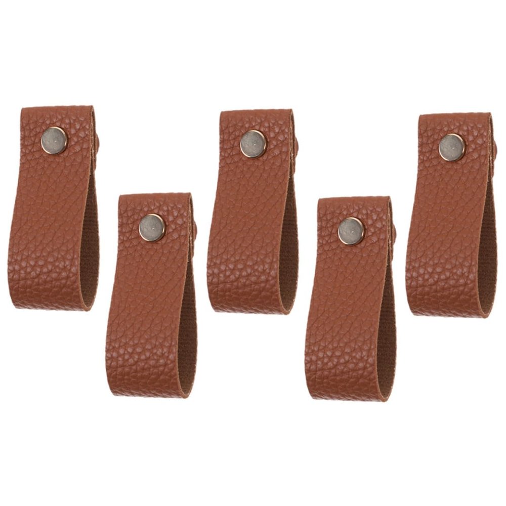WOONEKY 5pcs Pu Leather Cabinet Handles Flexible Drawer Pulls for Dresser Knobs Brown Litchi Grain for Kitchen Bathroom and Living Room Furniture