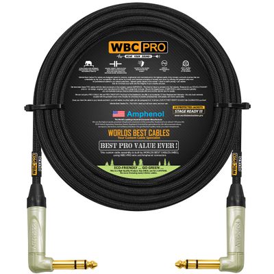 100 Foot - WBC-PRO-Quad Ultra-Silent Ultra-Flexible Balanced Star-Quad Cable with Amphenol QS3R-AU Inch (6.35mm) Gold Right-Angled TRS Stereo Phone Plugs & Black Tweed Jacket