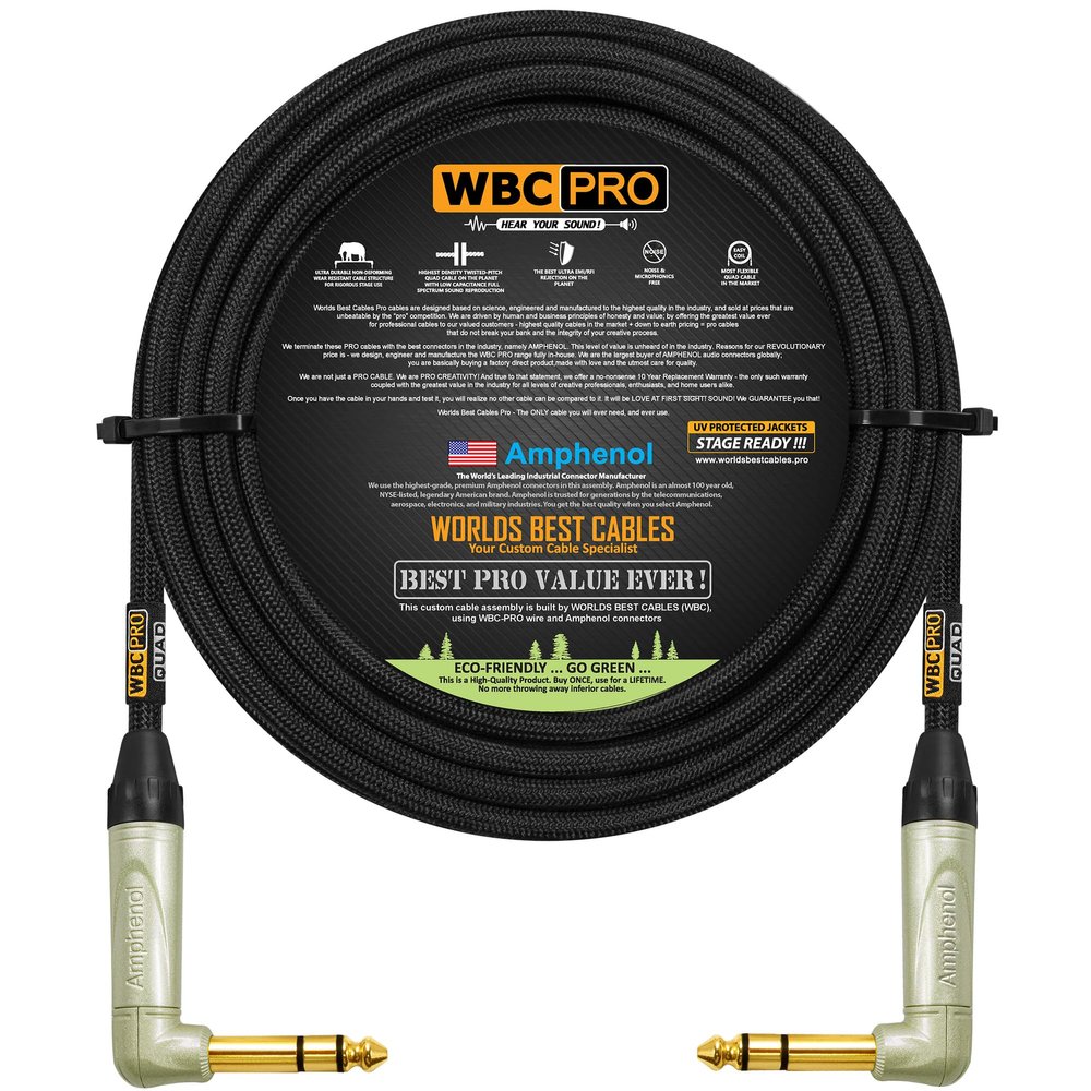 100 Foot - WBC-PRO-Quad Ultra-Silent Ultra-Flexible Balanced Star-Quad Cable with Amphenol QS3R-AU  Inch (6.35mm) Gold Right-Angled TRS Stereo Phone Plugs & Black Tweed Jacket