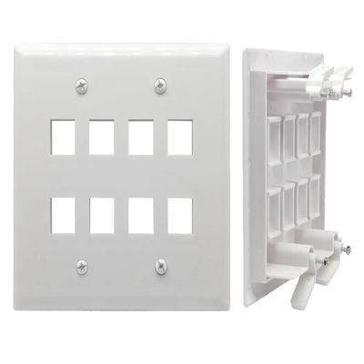 DIYTECH Keystone Wall Plate, Built-In Mounting Bracket, 2 Gang, Supports Jack or Modular Inserts, In Wall Patch Panel - White (8 Port)