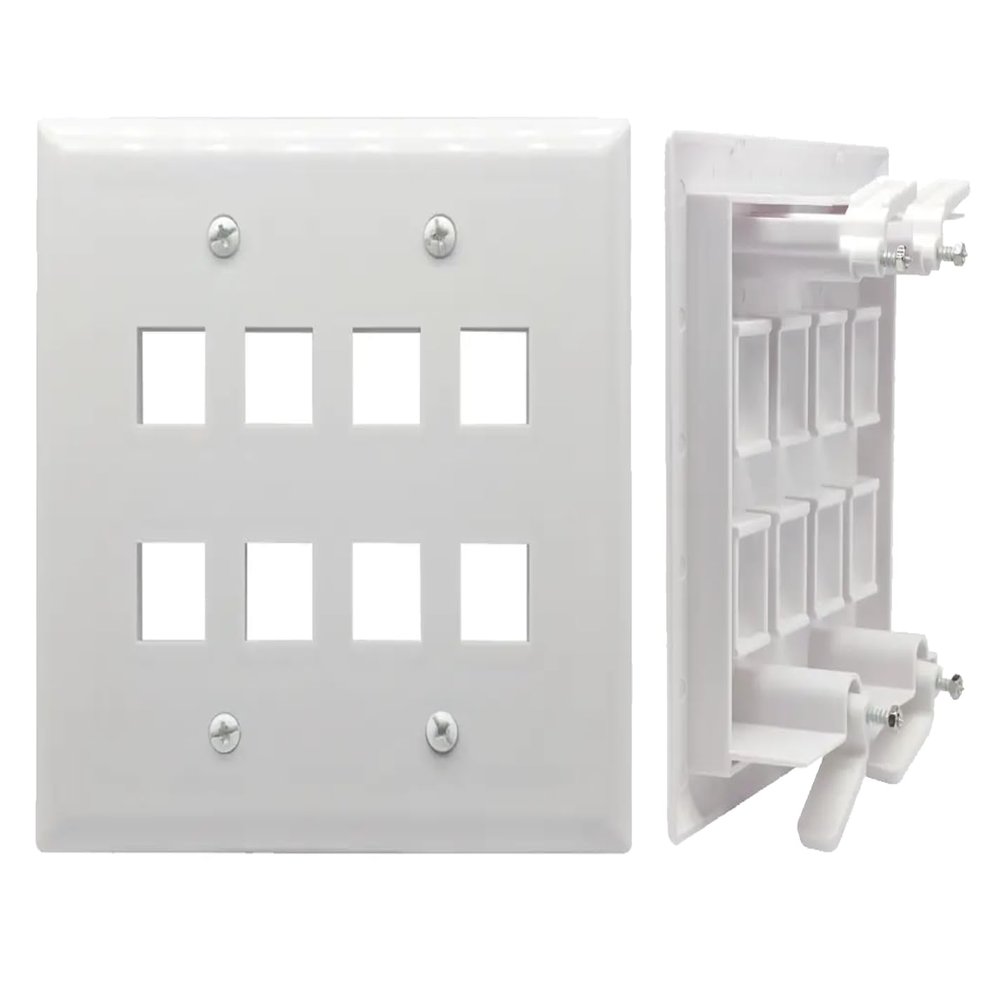 DIYTECH Keystone Wall Plate, Built-In Mounting Bracket, 2 Gang, Supports Jack or Modular Inserts, In Wall Patch Panel - White (8 Port)
