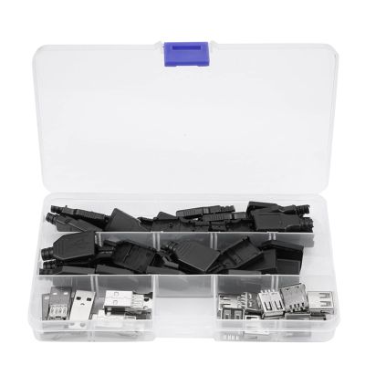 20Set Premium USB Connector with Shell Type A Male, 2.0USB Connector, and Type A A Female 4 Pin Plug Socket Adapter with Black Plastic Shell, DIY for Computer Use