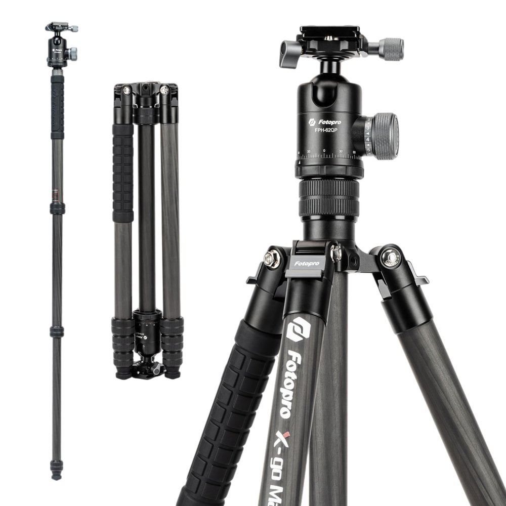 Fotopro 67" Carbon Fiber Camera Tripod with Dual Panoramic Ball Head, Detachable Monopod, Compact Lightweight Travel Tripod with QR Plate for 70-200 Lens, Max Load 12kg/26 lbs, X-Go Max E 2