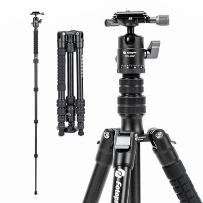 Fotopro 58" Aluminum Camera Tripod with Ball Head, Detachable Monopod with QR Plate, Lightweight & Stable, Inverted Center Column, Max Load 8kg/17.6 lbs, X-Go Gecko E 2