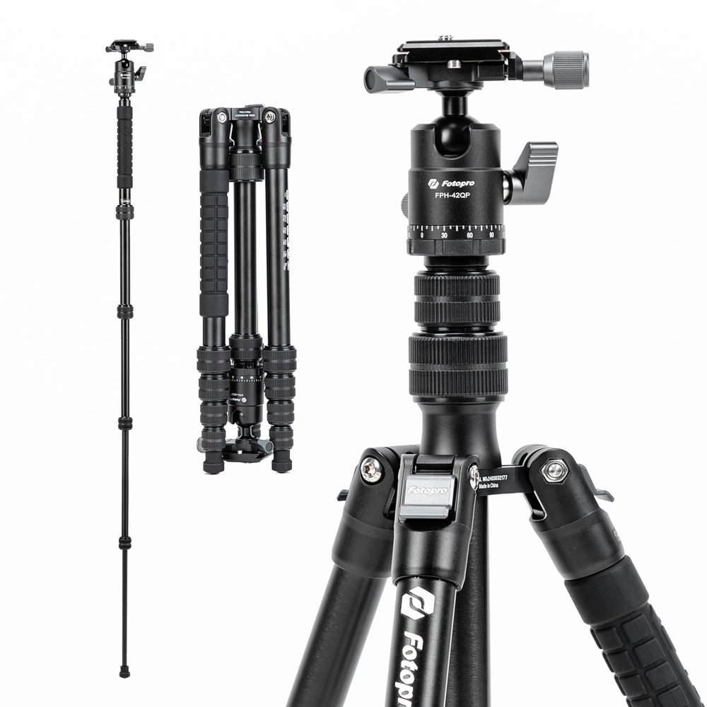 Fotopro 58" Aluminum Camera Tripod with Ball Head, Detachable Monopod with QR Plate, Lightweight & Stable, Inverted Center Column, Max Load 8kg/17.6 lbs, X-Go Gecko E 2