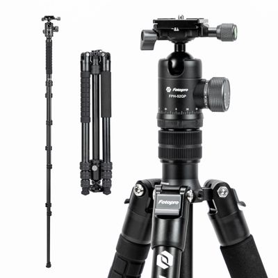 Fotopro 62.4" Aluminum Camera Tripod with Ball Head, Detachable Monopod with Quick Release Plate, Inverted Center Column, Max Load 10kg/22 lbs, X-Go Chameleon E 2