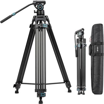 Fotopro 71.25" Aluminum Fluid Head Tripod for Video, 360 Pan, -75/+90 Tilt, Heavy Duty Tripod Stand with 1/4" & 3/8" QR Plate, Mid-Level Spreader for DSLR Camera Camcorder, Max Load 17.6 lbs, DV-3A