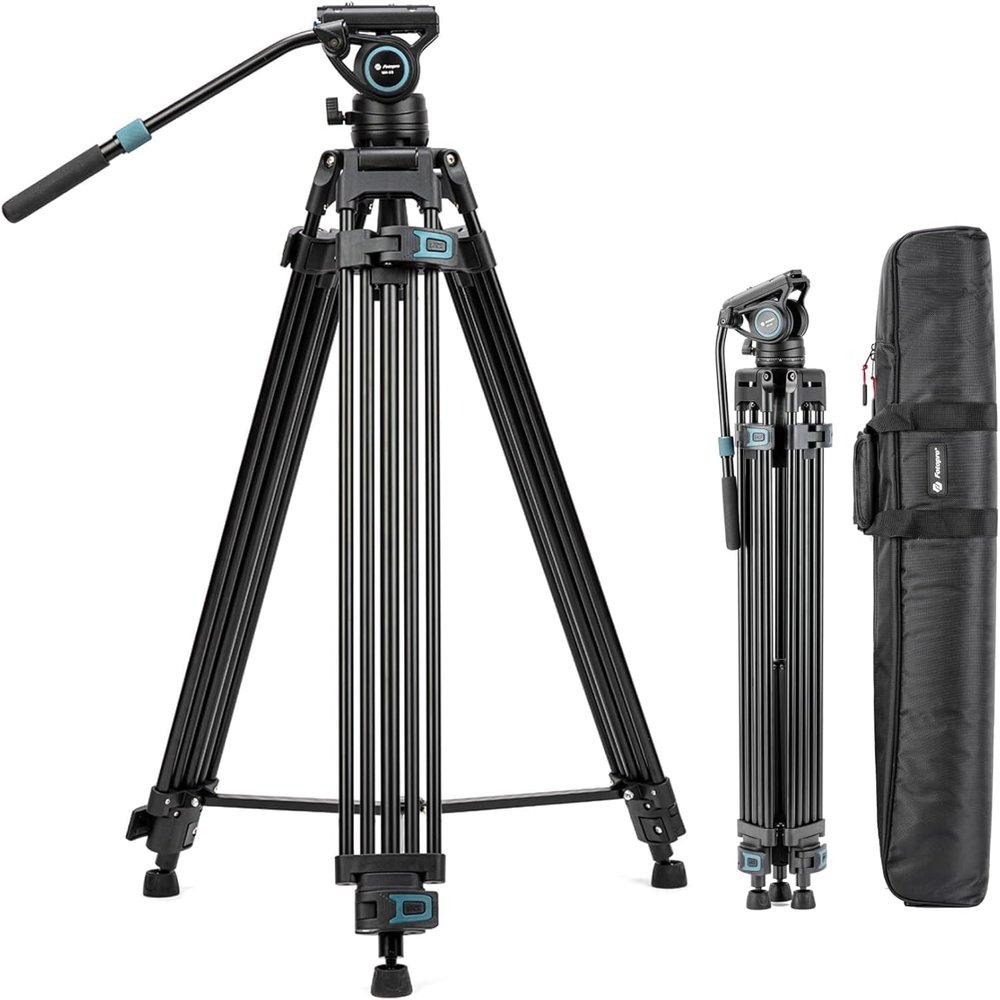 Fotopro 71.25" Aluminum Fluid Head Tripod for Video, 360 Pan, -75/+90 Tilt, Heavy Duty Tripod Stand with 1/4" & 3/8" QR Plate, Mid-Level Spreader for DSLR Camera Camcorder, Max Load 17.6 lbs, DV-3A