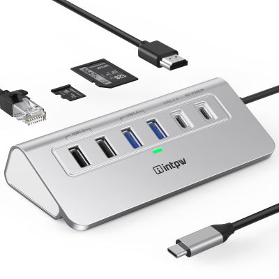 intpw P9R USB C Hub Ethernet, 10-in-1 USB-C Docking Station, Aluminum USB to Ethernet Adapter with 4K HDMI, PD 100W, 1Gbps RJ45, Type-C & 2 A 3.0 5Gbps, 2 Type-A 2.0, SD/TF Slot for MacBook, iPad