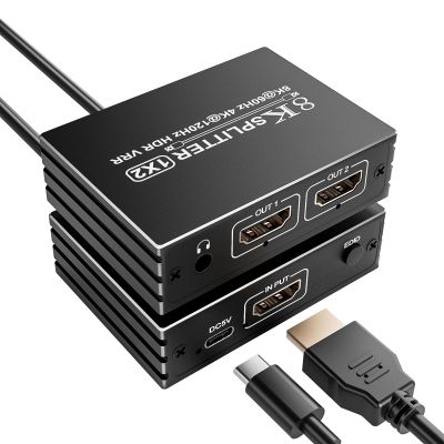 8K HDMI Splitter 1 in 2 Out for Dual Monitor - HDMI Splitter 1x2 Duplicate Mirror Screens 8K@60Hz, 4K@140Hz, EDID, HDCP, HDR10, VRR, Dolby Vision Atmos, for PS5 PS4 Xbox Fire TV Apple TV PC Laptop