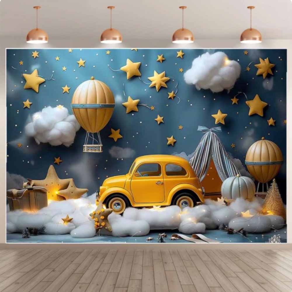 5x3 feet Kids Background Photo Studio Hot Air Balloon Yellow Car Stars Baby Birthday Cake Newborn Photography Background Props Backdrops