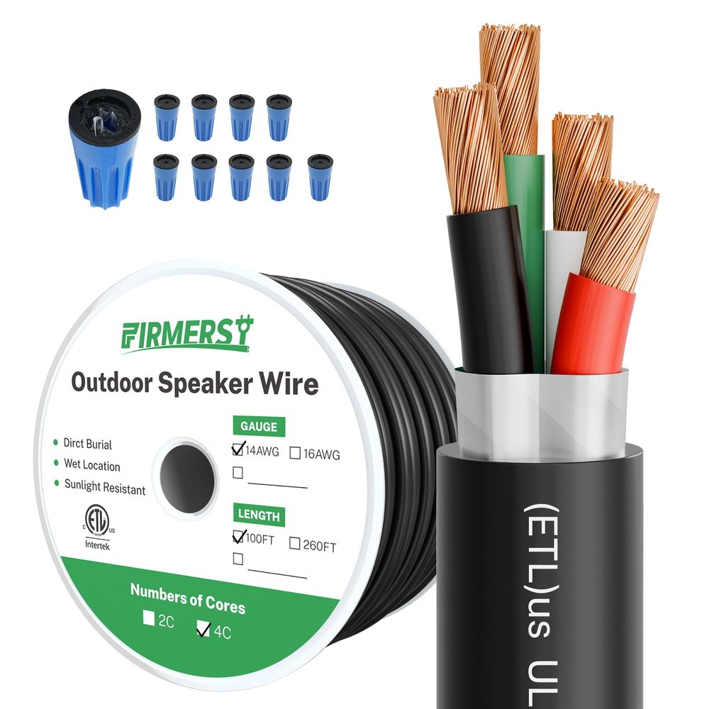 FIRMERST 14/4 Outdoor Speaker Wire 100 FT, Shielded Direct Burial Cable, (OFC) Oxygen-Free Copper, Waterproof & UV Resistant, with Connectors