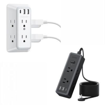 NTONPOWER 10 ft Flat Extension Cord with 9-in-1 Wall Outlet Extender, 6 AC Outlets + 3 USB Ports (1 USB-C), Surge Protection, Overload Protection, White