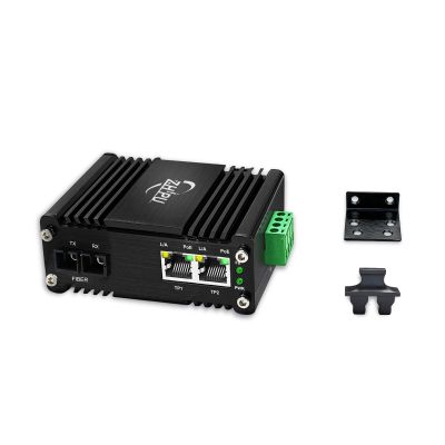 Industrial 2 Ports PoE SC Gigabit Fiber Media Converter, Boost Voltage Input DC9-57V to 48V, 1 SC and 2 RJ45 IEEE802.3af/at, SC Fiber Single Mode, Dual Fiber, 1310nm, 20km