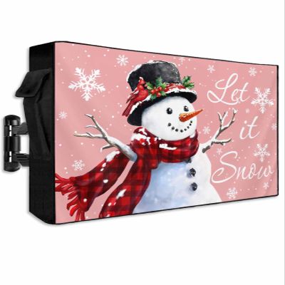 Hsqirky Outdoor TV Cover for 60 to 65 Inch, Pink Christmas Weatherproof & Waterproof Outside TV Covers with Remote Pockets, Snowflake Snowman Xmas Birds Berry Outdoor TV Enclosure for LED, LCD TVs