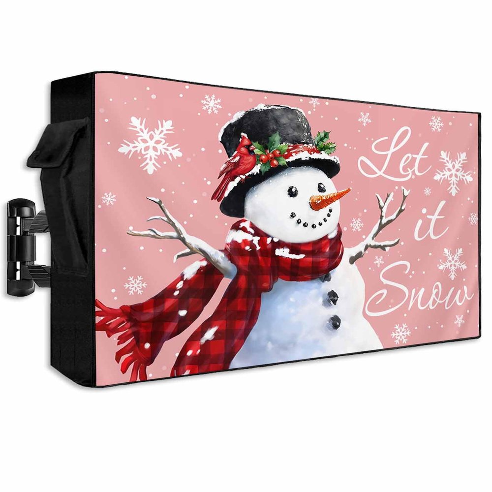 Hsqirky Outdoor TV Cover for 60 to 65 Inch, Pink Christmas Weatherproof & Waterproof Outside TV Covers with Remote Pockets, Snowflake Snowman Xmas Birds Berry Outdoor TV Enclosure for LED, LCD TVs
