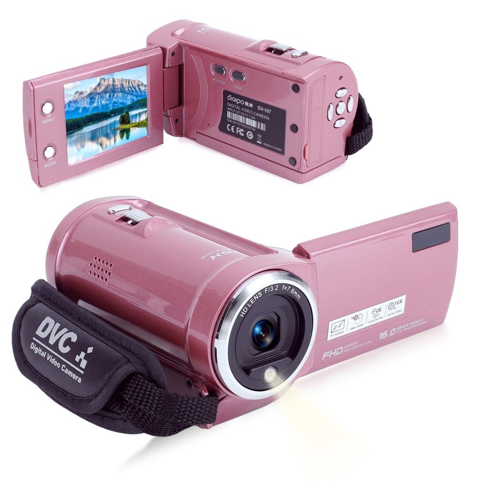 Yoidesu Video Camera Camcorder, 2K 48MP Pink HD Digital Camera for Girls, 16X Zoom Webcam Vlogging Camera for 270 Rotating Screen Camcorders with Fill Light 1000mAh Battery