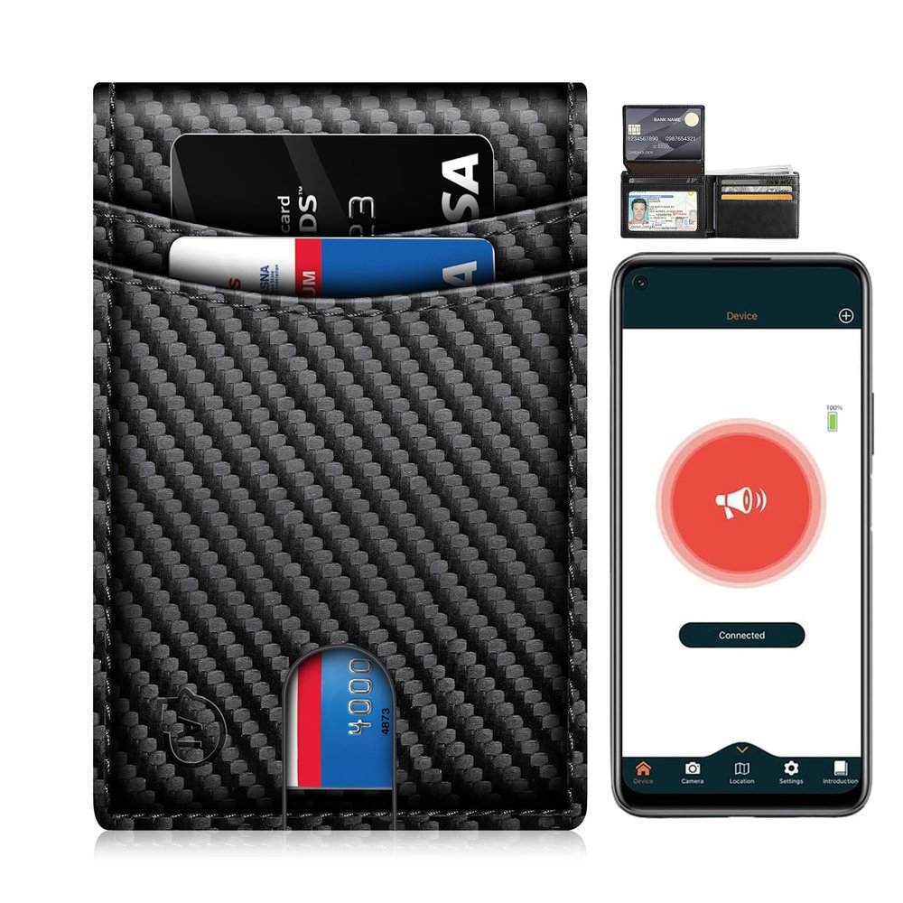 Mens Wallet with Tracker, Rechargeable Wallet Finder, Works with Apple Find My or Bseek, Thin Design, Smart Item Locator (iOS or Android(Carbon Black & Black, Android)
