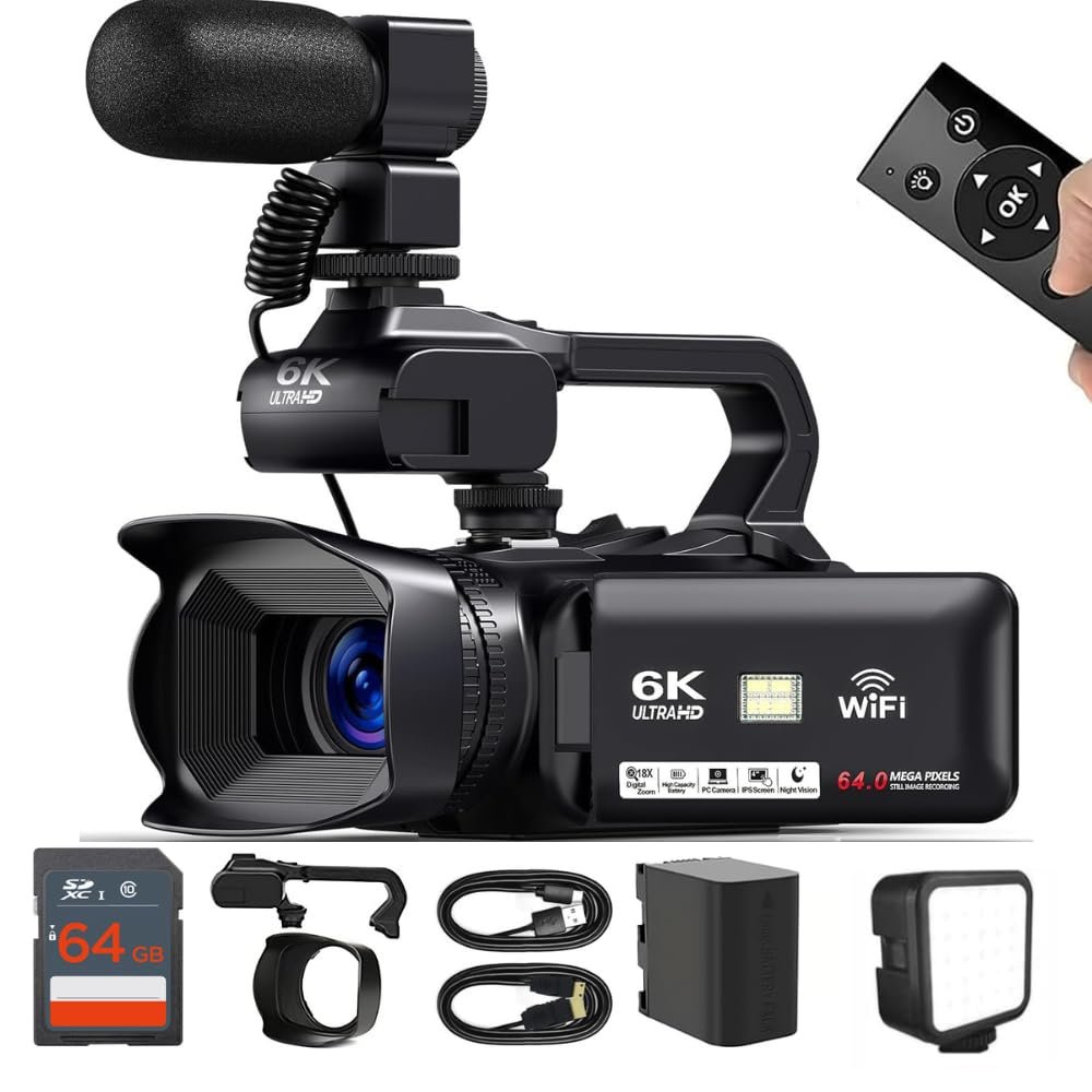 Acuvar 4K/6K Camcorder Video Camera 64MP 60FPS Vlogging Camera for YouTube, WiFi, LED Light, Mic, 64GB SD Card Live Stream Webcam