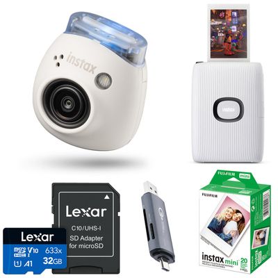 Fujifilm Instax Pal Digital Camera, Milky White Bundle with Wireless Smartphone Printer, Daylight Film Pack, 20 Exposures, 32GB Memory Card w/SD Adapter, Card Reader