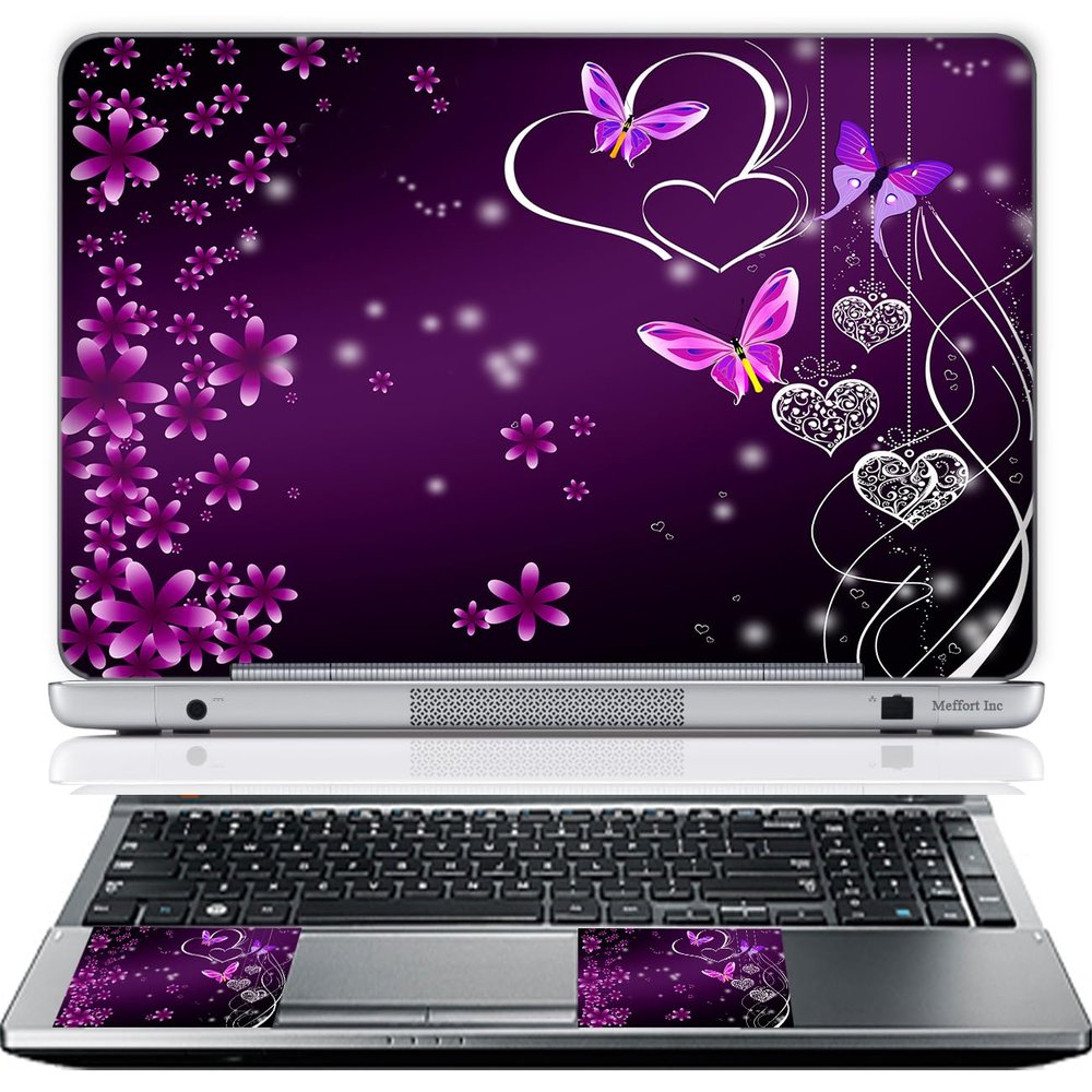 17 17.3 Inch Laptop Skin Sticker Cover Premium Sticker Cover Art Decal Decorative (Included 2 Wrist Pad Skins) - Purple Butterfly Hearts