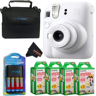 Fujifilm Instax Mini 12 Camera with Fujifilm Instant Mini Films Bundle with + Sunshine Photo Microfiber Cleaning Cloth (Clay White + 80 Sheets/CC1)
