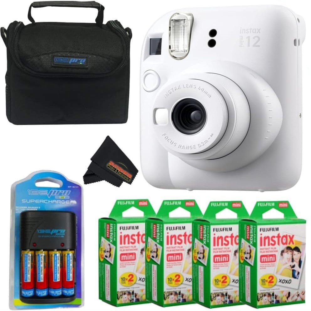 Fujifilm Instax Mini 12 Camera with Fujifilm Instant Mini Films Bundle with + Sunshine Photo Microfiber Cleaning Cloth (Clay White + 80 Sheets/CC1)