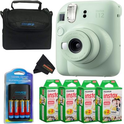 Fujifilm Instax Mini 12 Camera with Fujifilm Instant Mini Films Bundle with + Sunshine Photo Microfiber Cleaning Cloth (Mint Green + 80 Sheets/CC1)