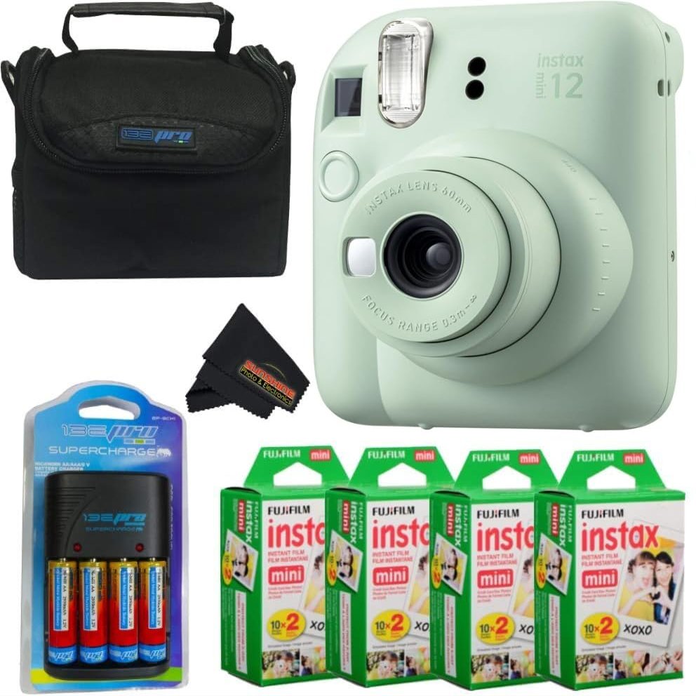 Fujifilm Instax Mini 12 Camera with Fujifilm Instant Mini Films Bundle with + Sunshine Photo Microfiber Cleaning Cloth (Mint Green + 80 Sheets/CC1)