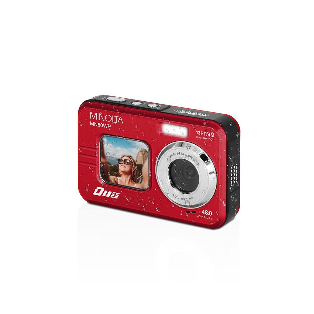 Minolta 48MP Underwater Digital Camera  5K Ultra HD Video, Autofocus, 16x Digital Zoom, Dual LCD Screens, Selfie Front Screen, Waterproof to 13ft, Rechargeable Battery, 32GB Card (Red)
