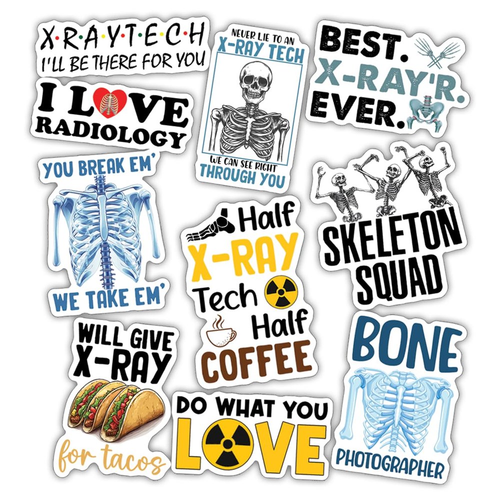 10pcs Radiology Sticker Sheet, X-Ray Tech Vinyl Decals for Radiologic Technologists, Students, Healthcare Workers, Waterproof, UV-Resistant, for Laptop, Water Bottle, Clipboard, Phone Case, Notebook
