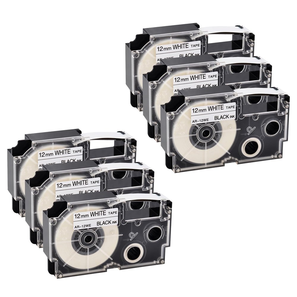 GREENCYCLE 6PK Compatible for XR-12WE XR-12WE2S AR-12WE 12mm 1/2" Black on White Label Maker Tape for KL-7000 KL-7200 KL-8100 KL-8200 KLP1000 KL-G2 Label Printer