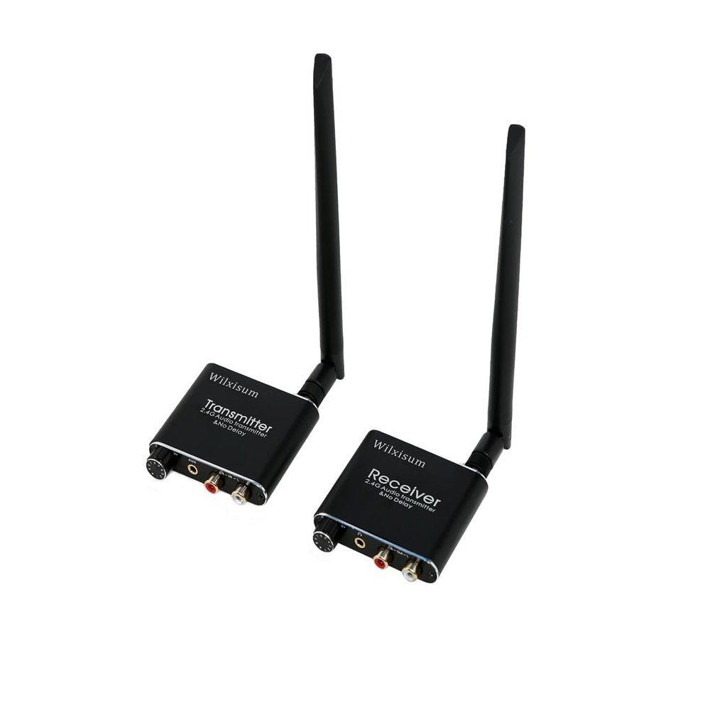 Wilxisum 2.4G Wireless Audio Transmitter and Receiver, RCA/3.5mm Jack Input/Output with Volume Adjustment knob, 160ft Distance Low Latency Transmission Adapters